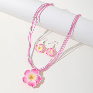 Hawaiian Plumeria Retro Multilayer Wax Rope Necklace Bohemian Tropical Flower Pendant Earrings Set Jewelry Set