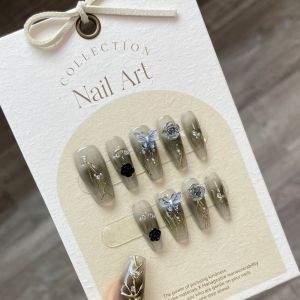 100% HANDMADE Artificial Nail Gradient Dark 3D Butterfly Love Between Fairy and Devil Phototpy Nails Reusable and Removable Nails