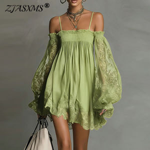 Boho Spring Off Shoulder Hollow Lace Dress Woman Elegant Puff Sleeve Ruffle Party Dresses Summer A-line Casual Holiday Mini Robe2026