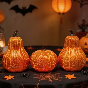 EDHO5 Simulated Halloween LED Pumpkin Light Surface Crack Design Decorative Table Pumpkin Ornament Halloween Party Decor Glowing Light-up Pumpkin Figurine Thanksgiving
