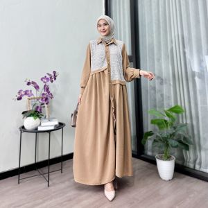 Dress Gamis Mix Brukat Crinkle Airflow Terbaru Wanita Muslim Remaja Dewasa Lebaran Pesta Kondangan