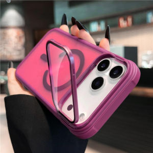 Fold Camera Stand Holder Matte for Magsafe Case for iPhone 17 Pro Max 13 14 15 16 Pro Max Wireless Charging PC Shockproof Cover