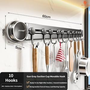 SG Stock Punch-Free Removable Suction Hook Rack Slidable Multi Hooks Kitchen Bathroom Waterproof Wall Hanging Bar