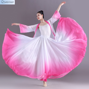 ชุดเดรสขนาดเล็กสำหรับนักเต้นผ้าชีฟองพลิ้วสไตล์จีน720องศาไล่ระดับสีแบบคลาสสิก
