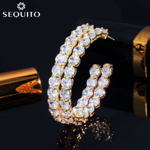 SEQUITO Shiny Cubic Zirconia Stone Statement Big Loop Circle 925 Silver European Simple Hoop Earing Jewelry SE387