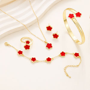 5 Pcs/Set Fashion Black Five Clover Bracelets Necklaces Rings Earrings 18k Gold Plated Lucky Bracelet Jewelry Sets For Women Korea