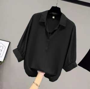KEMEJA WANITA LEHER V-NECK LENGAN RUFFLE BALON PREMIUM / BLOUSE CRINKLE AIRFLOW LENGAN 3/4 STYLE KOREA