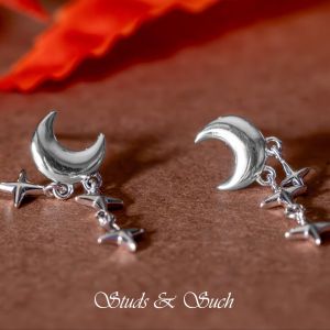[Studs & Such] 925 Silver Crescent Moon & Hanging Stars Drop Earrings