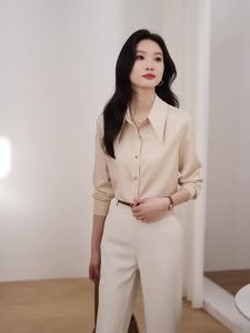 AMMIN 2025 Autumn New Simple Turn-down Collar Fashion Single-breasted Satin Shirt for Women Korean Style High-end Design Professional Mature Style Long Sleeve Elegant Blouse