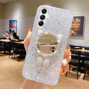 เคสโทรศัพท์สำหรับ Samsung S24 FE อัลตร้า S24 + S24 S23 S21เลื่อม S20ซิลิโคนอ่อนดีไซน์สวยเคสโทรศัพท์ Galaxy S24 FE พร้อมกระจกหูฟังลายแมวน่ารัก