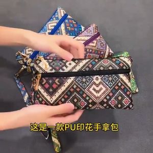 Bohemian Ethnic Pattern Canvas Wristlet Wallet Multi Zipper Pocket Coin Purse Portable Women Hand Clutch Bag