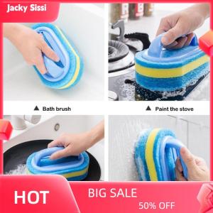 Jacky แปรงทำความสะอาดแบบหนาพร้อมด้ามจับอุปกรณ์ทำความสะอาดฟองน้ำสำหรับห้องครัวกระเบื้องห้องน้ำฟองน้ำทำความสะอาดคราบในบ้าน