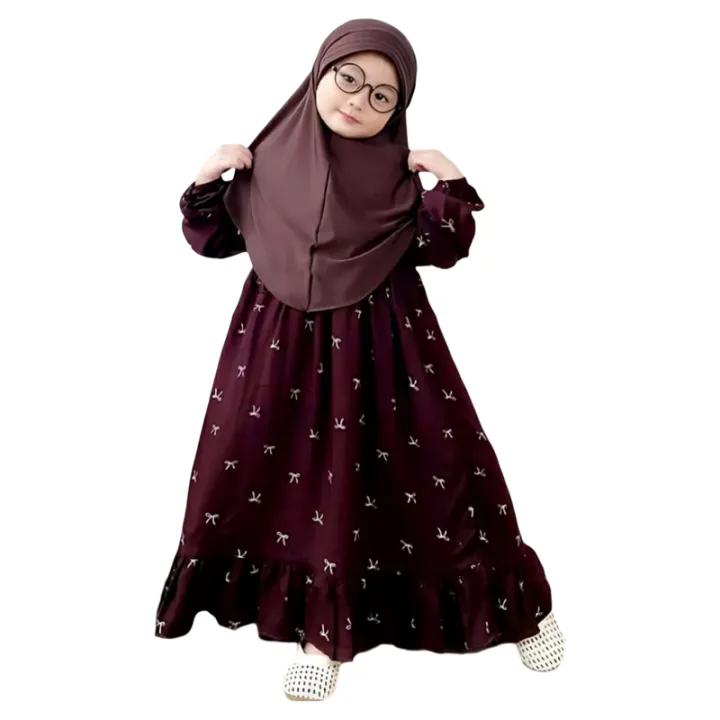 Gamis Anak Perempuan syakila 1-12 Tahun pakaian anak muslim adem elegan motif pita terbaru 2026