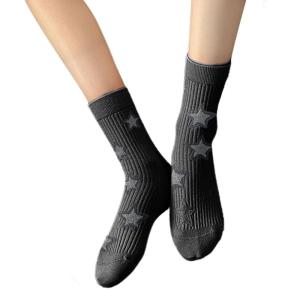 Womens Japanese Korean Cotton Middle Calf Socks Elegant College Style Casual Star Pattern Ribbed Crew Socks Streetwear