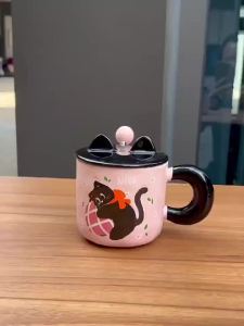 2026 Pink White Black Cat Ceramic Mugs with Lids Spoons Cute Girl Heart Couple Coffee Cups Holiday Gifts Drinkware Water Bottle