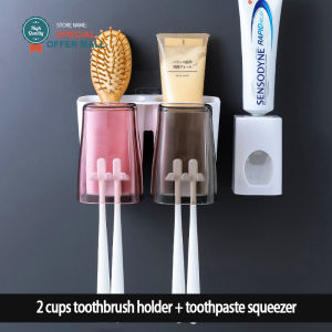 【Utility】No Drilling Toothbrush Holder with Toothpaste Dispenser Set Wall Mounted Makeup Storage Rack Kit Bathroom Organizer Shelf Supplies