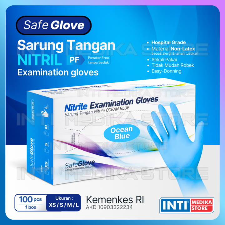 SAFEGLOVE Sarung Tangan Nitril OCEAN BLUE POWDER FREE Tanpa
