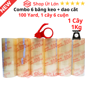Combo 6 cây băng keo trong đục 100yard kèm dao cắt 1 cây 1kg lõi giấy 5mm chiều rộng cuộn 47cm mỗi cây có 6 cuộn