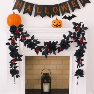 GIGBM Black Halloween Rose Leaf Vines 175cm Simulated Flowers Halloween Garland Gothic Decor Handmade Artificial Rose Vines Halloween Party