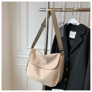 INS Style Women Canvas Bag Soft Shoulder Bag Solid Color Sling Messenger Bag Large Capacity
