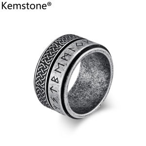 Kemstone Mens Rotatable Rings Viking Script Celtic Knot Stainless Steel Domineering Ring Jewelry