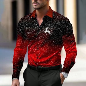 ZEEMIN Christmas Mens Shirt Autumn Long Sleeve Lapel Button Shirt Top Christmas Deer Print Gradient Color Oversized Shirts Men Clothes