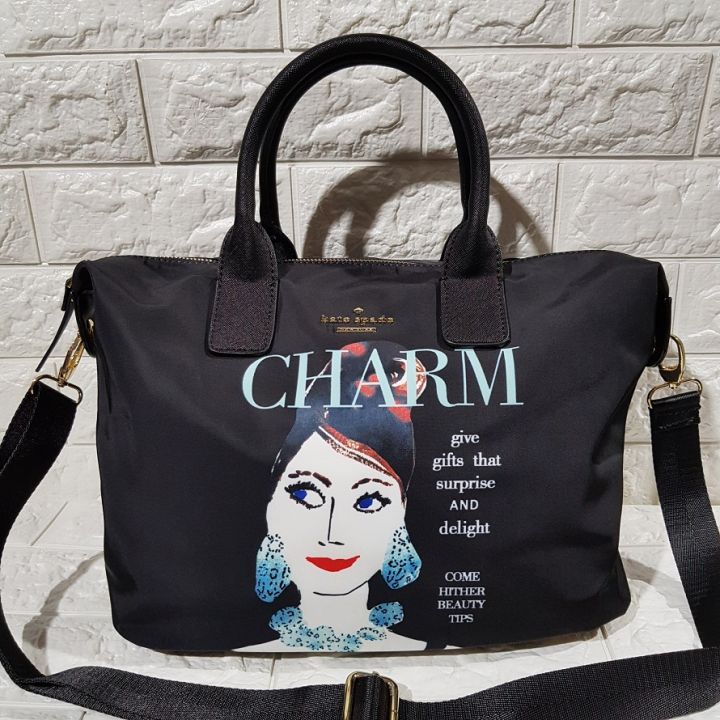 Kate Spade Lyla Lady Charm Print Classic Nylon Weekender Bag Black