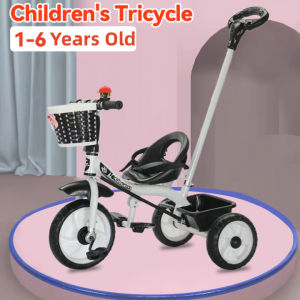 Baby 3 Wheels Bicycle Bike for Children Kids with Front Back Basket and Push Bar with push handles kids bike Baby StrollerComfortable Seating Reversible Two Way Portable FoldableStroller Newborn Wagon Stroller Portable