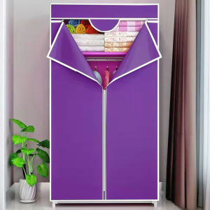 ตู้เสื้อผ้าซิปรูปตัว T กันฝุ่น ตู้เสื้อผ้าผ้าท่อเหล็กเรียบง่าย หอพักนักศึกษา