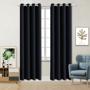 Black Height Blackout Curtains 55" (140cm Wide) With Loop Curtains Living Room Full Blackout Modern Black Curtains Bedroom (140×160CM/140×220CM/140×255CM)