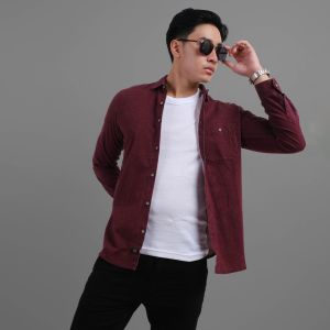 Dgm kemeja pria lengan panjang polos Corduroy maroon kemeja pria kemeja polos 1095