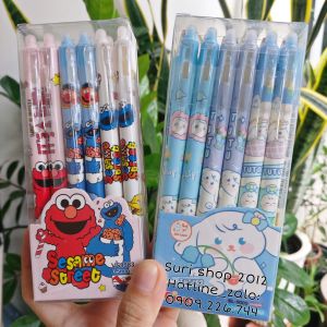 Hộp 12 cây bút gel bấm mực xóa được hoạ tiết hoạt hình dễ thương ( mực xanh tím )