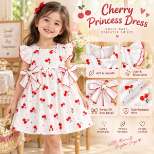 AILEBE Kids Dresses Four-Way Stretch Polyester Ruffled Flutter Sleeve Dress With 3D Print Soft Smooth Wrinkle Resistant Lightweight Breathable Fade Resistant Sweet Princess Korean Style Pambahay OOTD Pang Gala Schoo Party Photo Shoot