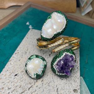 Raw Amethyst Baroque Freshwater Pearl Jewelry Set Cuff Bracelet Bangle Finger Rings with Peacock Green Rhinestone for Women H260610