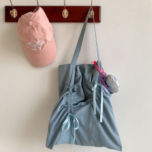 CHPERF Korean Style Bow Drawstring Bag Fold Bowknot Silver Tote Bag Casual Large Capacity Nylon Ruched Shoulder Bag Women