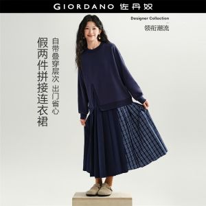 Giordano Women Fake two-piece spliced plaid pleated maxi dress Free Shipping 18466830