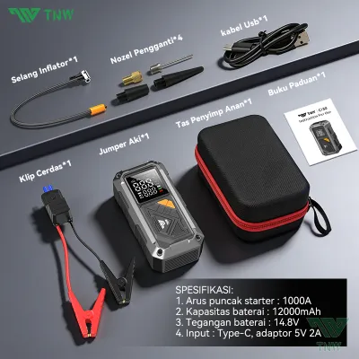 TNW CI30 Jumper Aki Mobil Portable 12000mAh Power Bank Pompa Ban Elektrik Motor Dan Mobil Kabel Jumper Aki Mobil