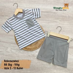 Nanaku Baby - Setelan Baju Bayi Piyama Bayi Lengan Pendek Kancing Pundak Saku Kiri Usia 3-12 Bulan
