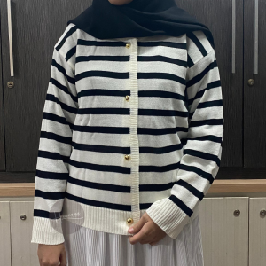 Haseena Cardigan Stripes Wanita Leoni Atasan Cardi Rajut Strip Garis Blaster Kancing Cardy Salur Outer Knit Tebal