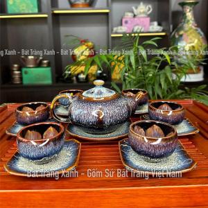 Bộ Ấm Chén Lục Năng Lông Thỏ - Bộ Ấm Lục Giác Tím - Bộ Ấm Trà Men Hoả Biến Bát Tràng Cao Cấp