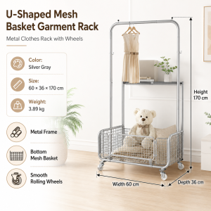 Clothes Rack with Basket Mobile Metal Garment Organizer with Rolling Wheels for Bedroom Laundry Entryway