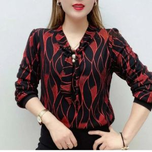 Spring and Autumn Long-sleeved T-Shirts Elegant V-neck Blouses for Middle-aged Women Loose-fitting Print Top