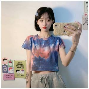 [ส่งเร็ว] ✨Kaykai\_Shop✨❗พร้อมส่ง🚚 เสื้อครอปมัดย้อม คอกลม แขนสั้น ผ้าลื่น #9027