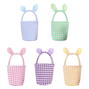 Easters Rabbits Ear Decorative Storage Basket Striped Fabric Woven Handled Bin for Eggs Hunts Treats Home Decors