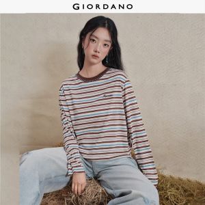 Giordano Women Stitching crewneck long sleeve striped tee Free Shipping 18326630