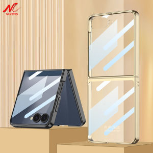 Luxury Transparent Plating Case for Samsung Galaxy Z Flip 7 Flip7 Ultra Thin PC 360 Built-in Screen Protector Shockproof Cover