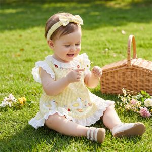 2026 Summer Baby Romper Cute Duck Floral Embroidery Ruffle Trim Bodysuit for Girls Plaid Sleeveless Infant Clothes2026