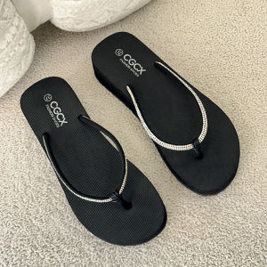 [Free Shipping] New Rhinestone Thick-Soled Flip-Flops Beach Shoes Womens Summer Fashion Outdoor Beach Wedge Heel Sandals