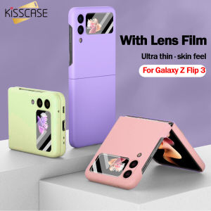 [With Lens Film] KISSCASE For Galaxy Z Flip 3 Lens Glass Protection Macaron Skin Feeling Phone Case With Tempered Lens Glass Film Case Membrane Shell Itegrated Mobile Phone Cover Ultra Slim Hard Plastic Shockproof Case For Samsung Galaxy Z Flip 3 5G