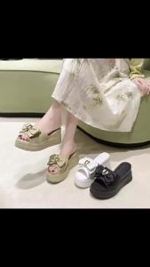 [Free Shipping] Womens Summer High-Heel Slippers with Thick Soles Fashionable Wedge Sandals for Outdoor Wear Versatile Bowknot Platform Sandals
